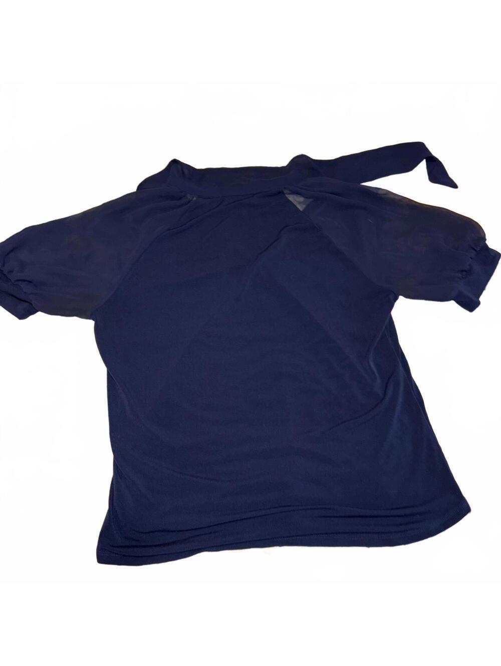 7th Avenue New York & Company Womans Med Navy Blue Knit Blouse with Sheer Sleeve - Picture 2 of 6
